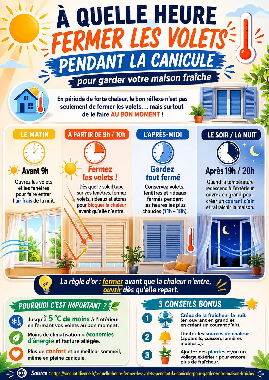 À quelle heure fermer les volets pendant la canicule pour garder votre maison fraîche - infographie